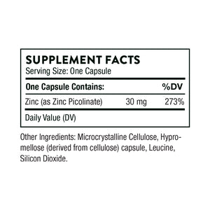 Zinc Picolinate 30mg by Thorne Research. 60 Caps Supplement Facts