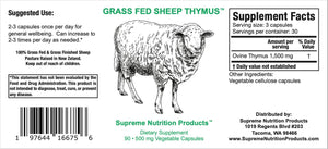 Grass Fed Sheep Thymus by Supreme Nutrition. 90 Cap. Immune Support